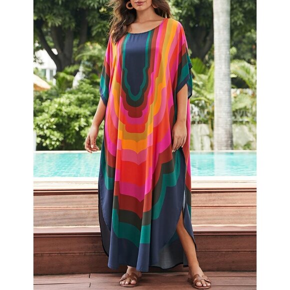 🆕Women's A-Colored Geometry Kaftan Dress V Neck Swimsuit Cover-Up Loungewear - Picture 4 of 7